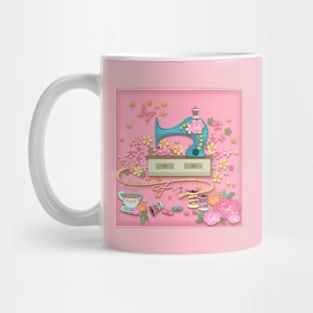 Drawings of antique sewing machines and sewing equipment. Mug